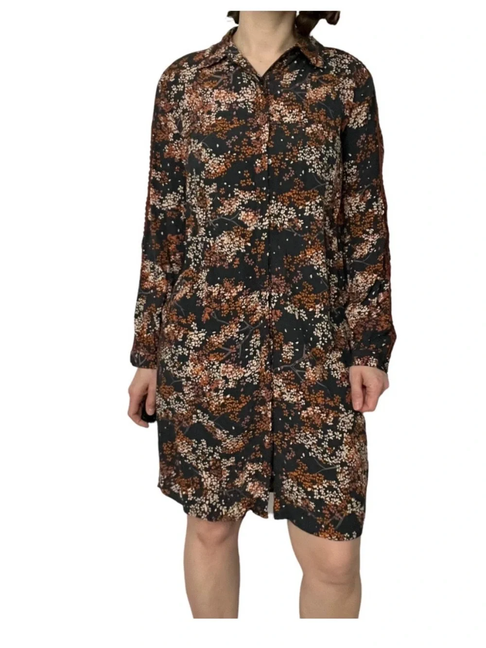 Scotch & Soda Black Floral Button-Front Long Sleeve Dress with Rust Accents
